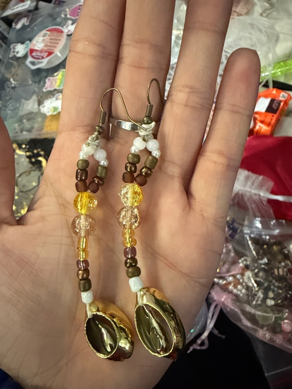 Handmade Gold-Tone Shell Bead Drop Earrings - White & Yellow